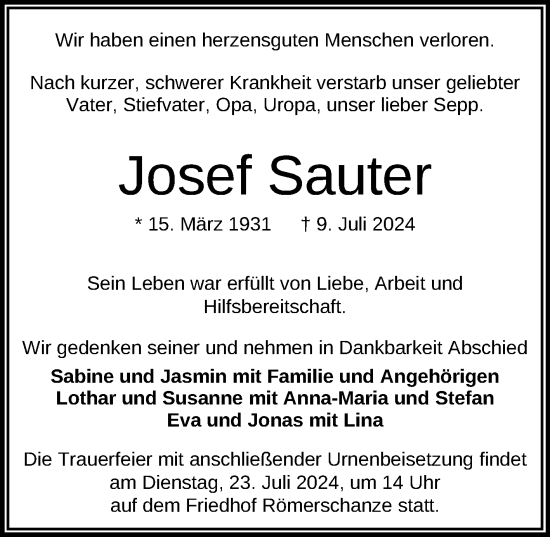 Anzeige von Josef Sauter von Reutlinger General-Anzeiger