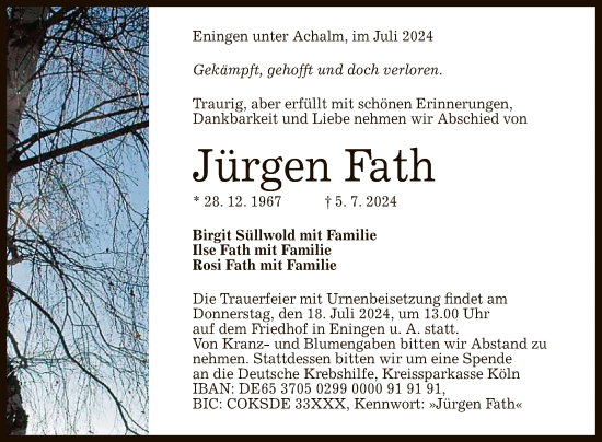 Anzeige von Jürgen Fath von Reutlinger General-Anzeiger