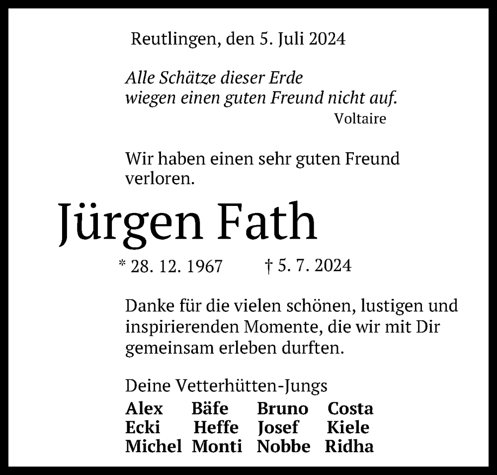  Traueranzeige für Jürgen Fath vom 13.07.2024 aus Reutlinger General-Anzeiger