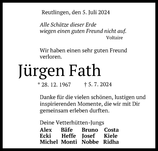 Anzeige von Jürgen Fath von Reutlinger General-Anzeiger