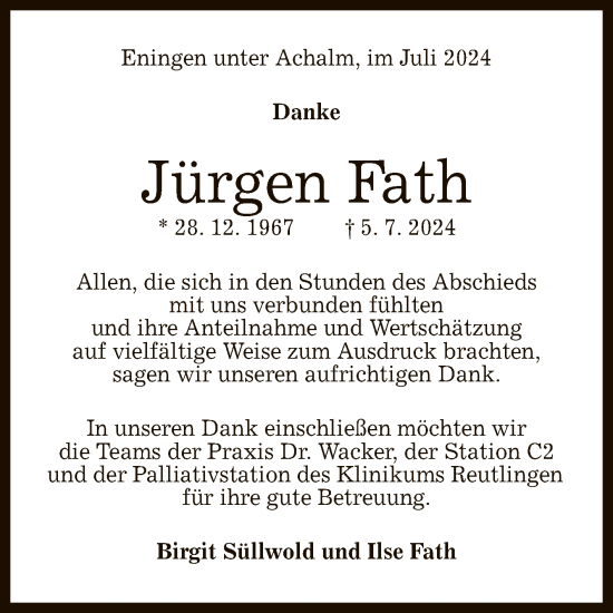 Anzeige von Jürgen Fath von Reutlinger General-Anzeiger