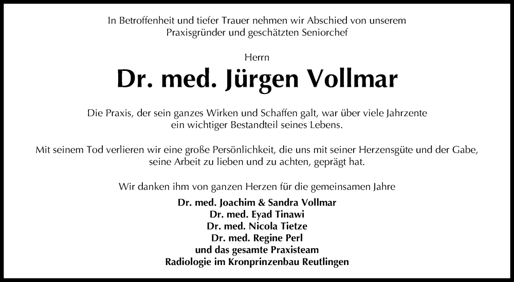  Traueranzeige für Jürgen Vollmar vom 13.07.2024 aus Reutlinger General-Anzeiger