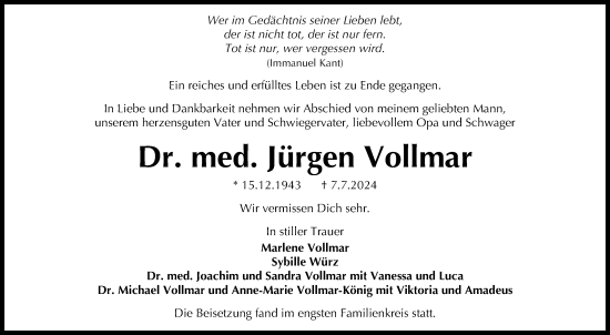 Anzeige von Jürgen Vollmar von Reutlinger General-Anzeiger
