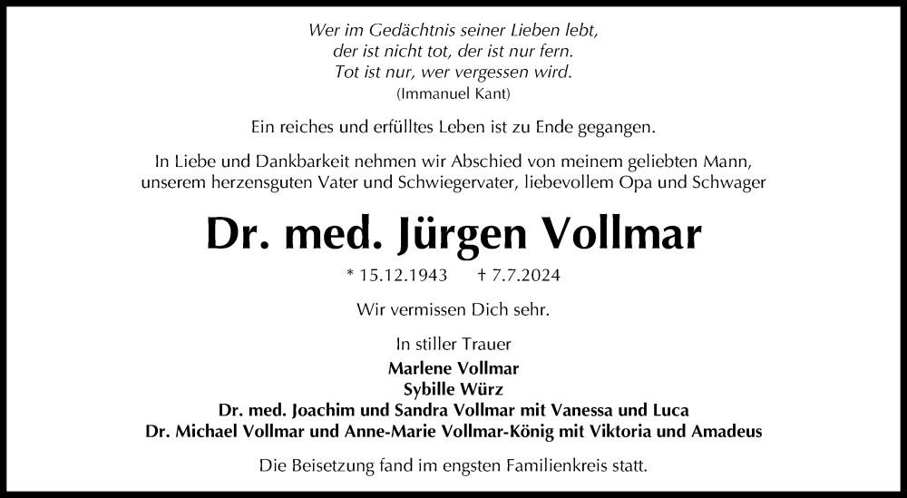  Traueranzeige für Jürgen Vollmar vom 13.07.2024 aus Reutlinger General-Anzeiger