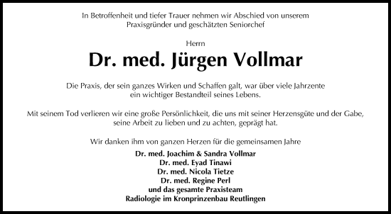 Anzeige von Jürgen Vollmar von Reutlinger General-Anzeiger