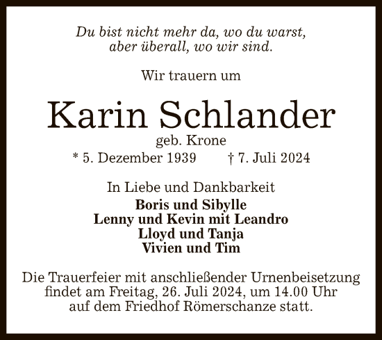 Anzeige von Karin Schlander von Reutlinger General-Anzeiger