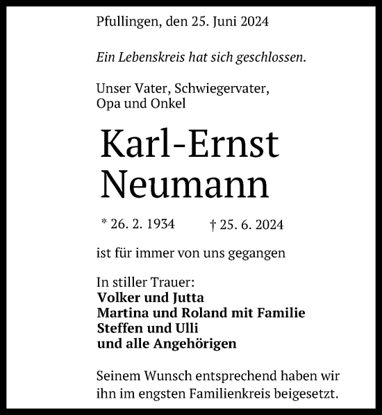 Anzeige von Karl-Ernst Neumann von Reutlinger General-Anzeiger