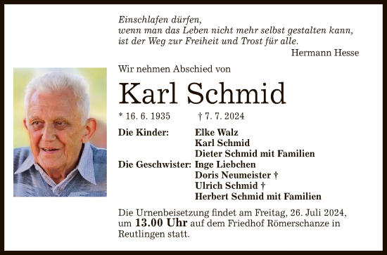 Anzeige von Karl Schmid von Reutlinger General-Anzeiger