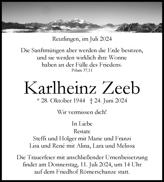 Anzeige von Karlheinz Zeeb von Reutlinger General-Anzeiger