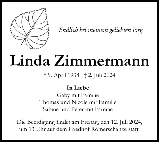 Anzeige von Linda Zimmermann von Reutlinger General-Anzeiger