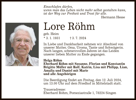 Anzeige von Lore Röhm von Reutlinger General-Anzeiger