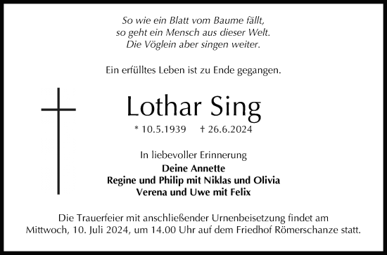 Anzeige von Lothar Sing von Reutlinger General-Anzeiger