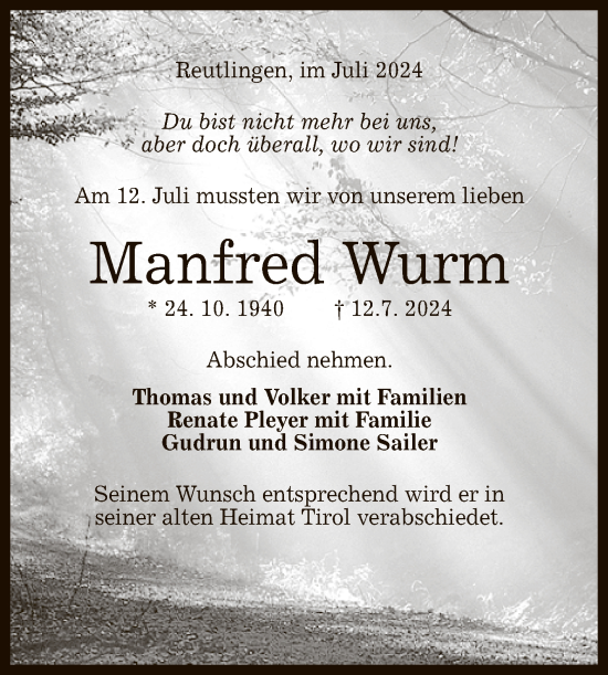 Anzeige von Manfred Wurm von Reutlinger General-Anzeiger