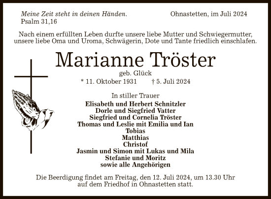 Anzeige von Marianne Tröster von Reutlinger General-Anzeiger