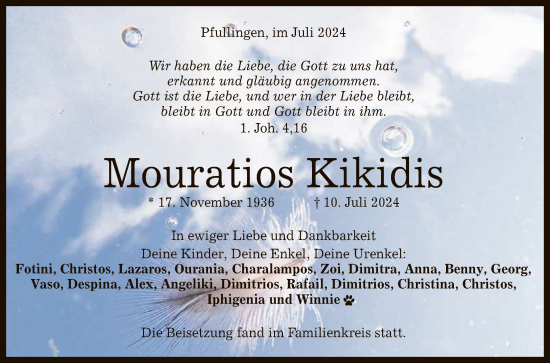 Anzeige von Mouratios Kikidis von Reutlinger General-Anzeiger