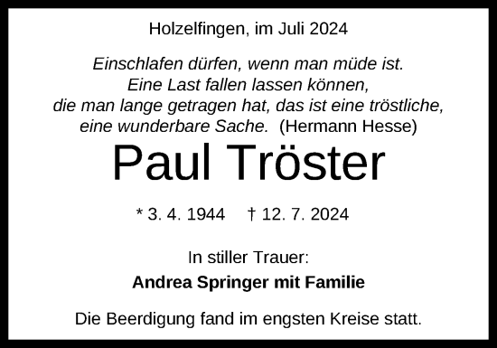 Anzeige von Paul Tröster von Reutlinger General-Anzeiger
