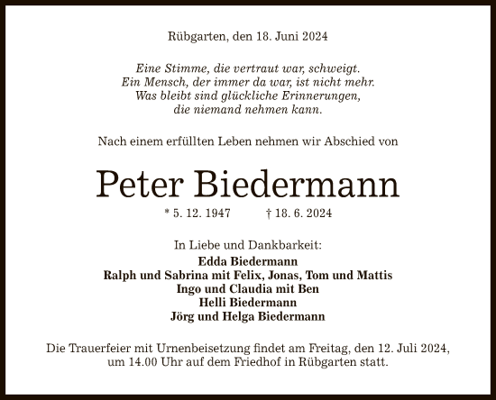 Anzeige von Peter Biedermann von Reutlinger General-Anzeiger