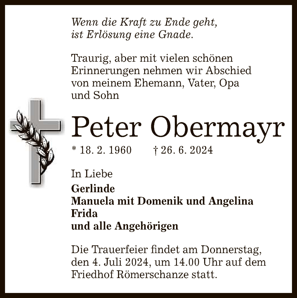  Traueranzeige für Peter Obermayr vom 02.07.2024 aus Reutlinger General-Anzeiger