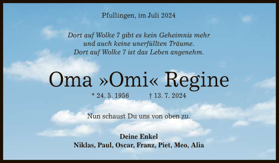 Anzeige von Regine Gerdemann von Reutlinger General-Anzeiger