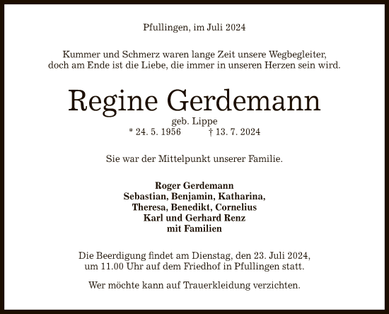 Anzeige von Regine Gerdemann von Reutlinger General-Anzeiger