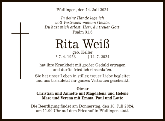 Anzeige von Rita Weiß von Reutlinger General-Anzeiger