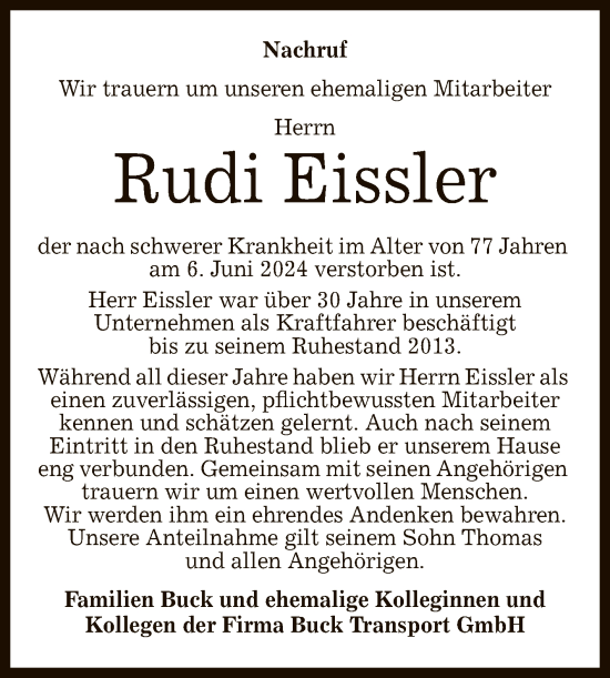 Anzeige von Rudi Eissler von Reutlinger General-Anzeiger
