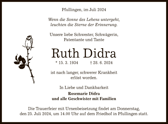 Anzeige von Ruth Didra von Reutlinger General-Anzeiger