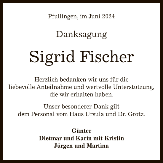 Anzeige von Sigrid Fischer von Reutlinger General-Anzeiger
