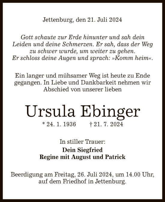 Anzeige von Ursula Ebinger von Reutlinger General-Anzeiger