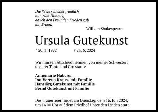 Anzeige von Ursula Gutekunst von Reutlinger General-Anzeiger