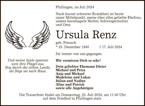 Anzeige von Ursula Renz von Reutlinger General-Anzeiger