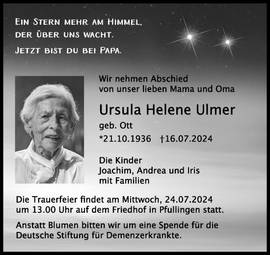 Anzeige von Ursula Ulmer von Reutlinger General-Anzeiger