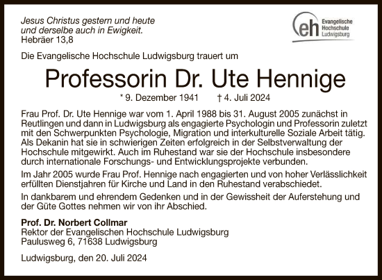 Anzeige von Ute Hennige von Reutlinger General-Anzeiger