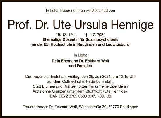 Anzeige von Ute Hennige von Reutlinger General-Anzeiger