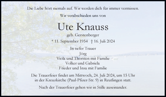 Anzeige von Ute Knauss von Reutlinger General-Anzeiger