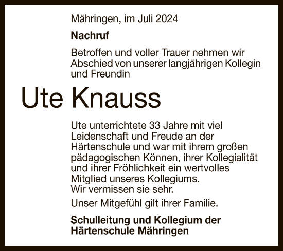 Anzeige von Ute Knauss von Reutlinger General-Anzeiger