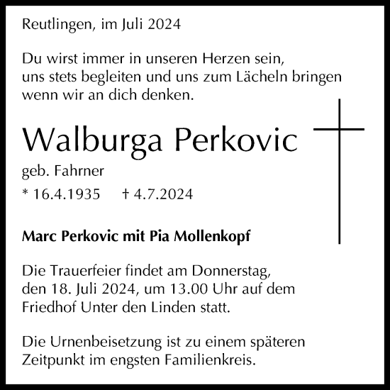 Anzeige von Walburga Perkovic von Reutlinger General-Anzeiger