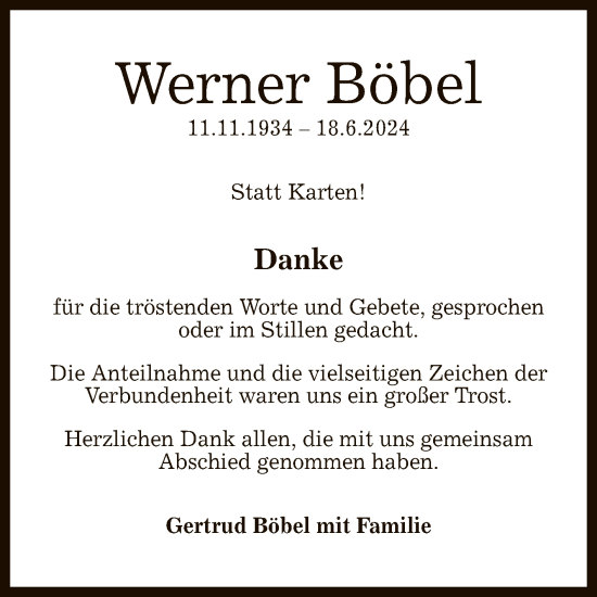Anzeige von Werner Böbel von Reutlinger General-Anzeiger