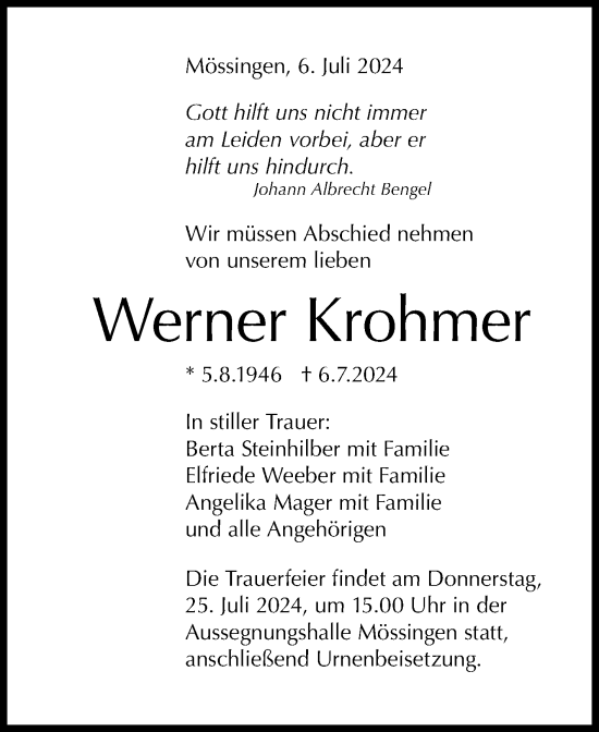 Anzeige von Werner Krohmer von Reutlinger General-Anzeiger