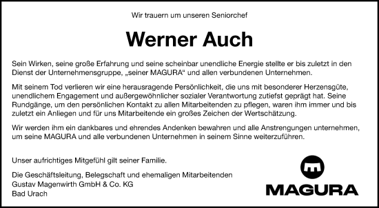 Anzeige von Werner Gustav Auch von Reutlinger General-Anzeiger