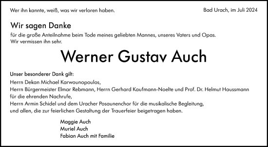 Anzeige von Werner Gustav Auch von Reutlinger General-Anzeiger