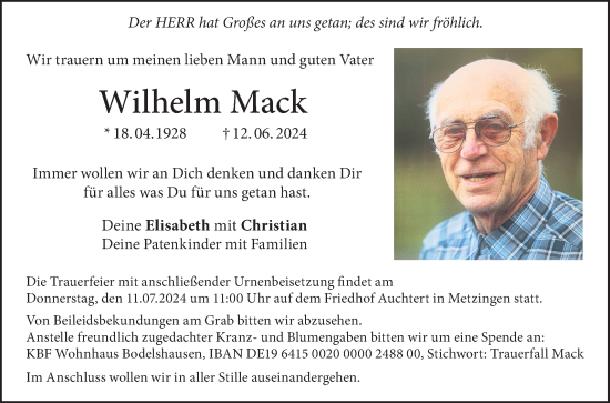 Anzeige von Wilhelm Mack von Reutlinger General-Anzeiger