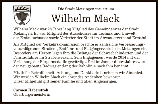 Anzeige von Wilhelm Mack von Reutlinger General-Anzeiger
