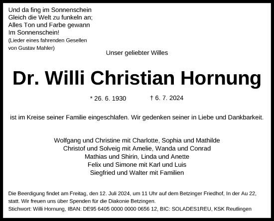 Anzeige von Willi Christian Hornung von Reutlinger General-Anzeiger