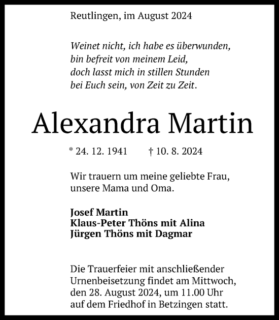 Anzeige von Alexandra Martin von Reutlinger General-Anzeiger