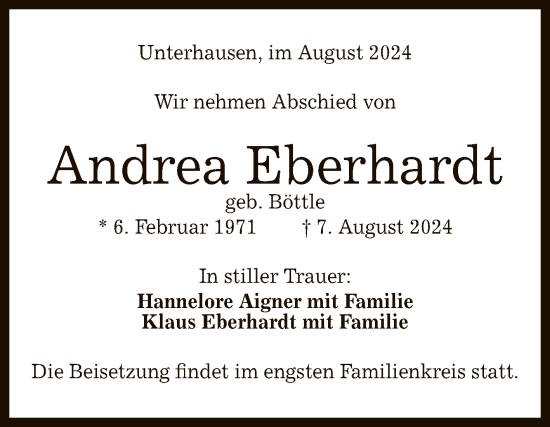 Anzeige von Andrea Eberhardt von Reutlinger General-Anzeiger