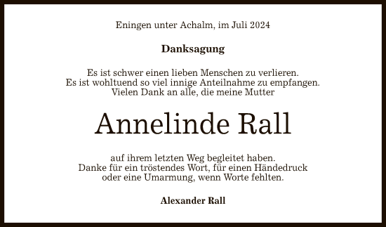 Anzeige von Annelinde Rall von Reutlinger General-Anzeiger