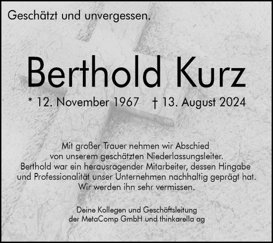 Anzeige von Berthold Kurz von Reutlinger General-Anzeiger