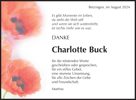 Anzeige von Charlotte Buck von Reutlinger General-Anzeiger