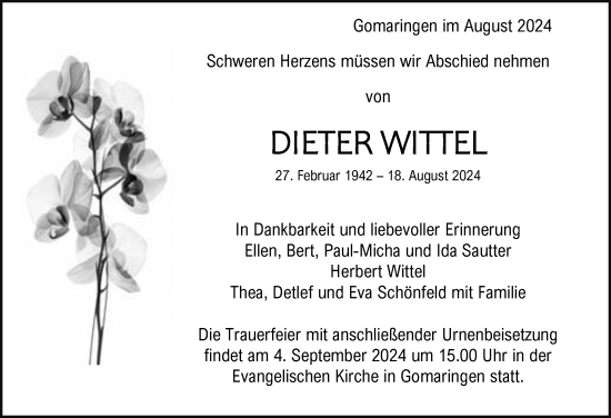 Anzeige von Dieter Wittel von Reutlinger General-Anzeiger